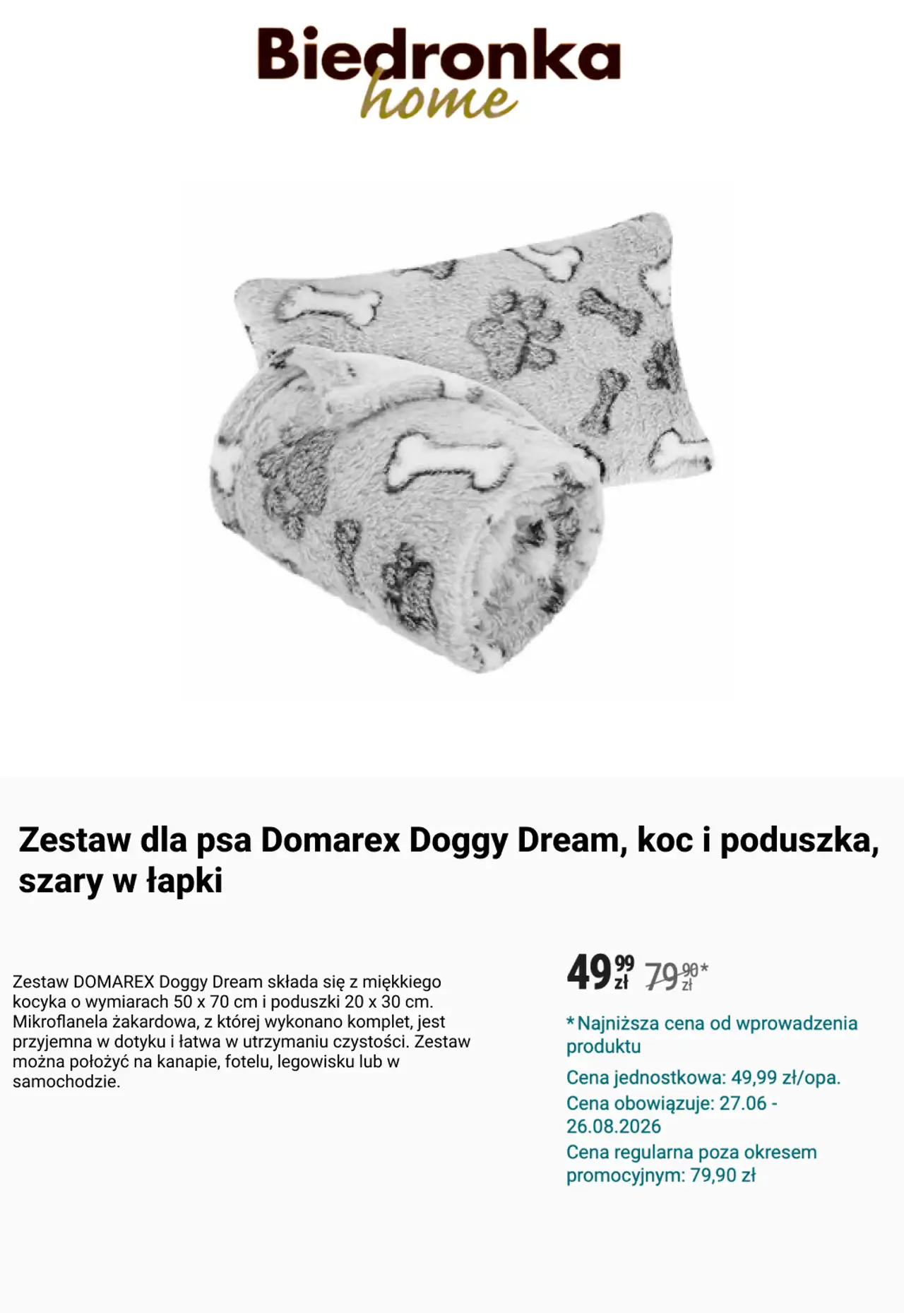 Zestaw dla psa Domarex Doggy Dream, koc i poduszka, szary w łapki