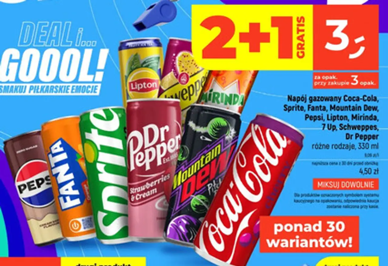 Napój gazowany Coca-Cola, Sprite, Fanta, Mountain Dew, Pepsi, Lipton, Mirinda, 7 Up, Schweppes, Dr Pepper różne rodzaje, 330 ml
