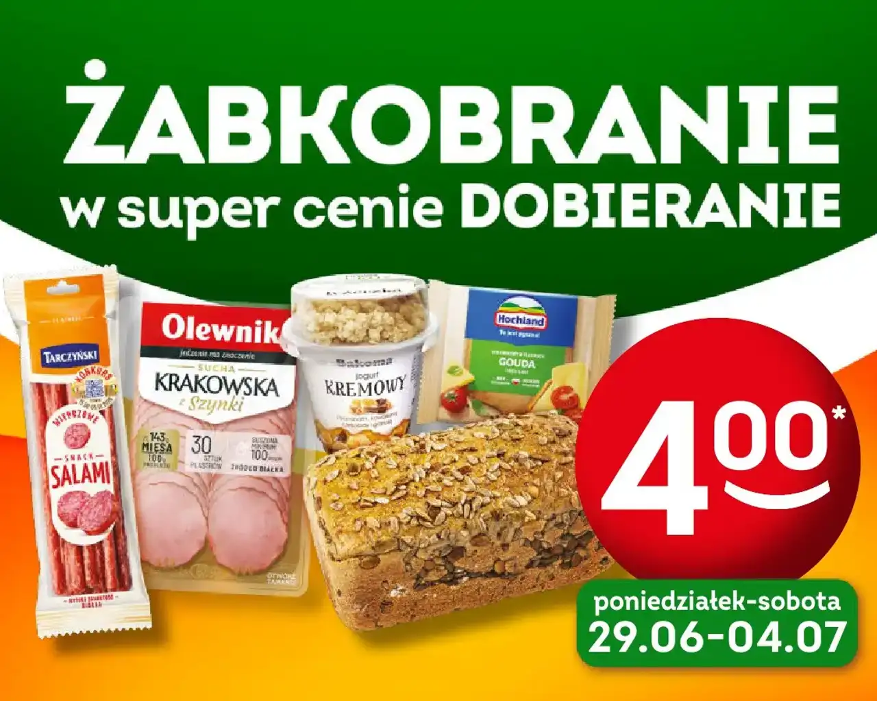 Kiełbasa Krakowska Olewnik / Jogurt Kremowy Bakoma / Ser Gouda Hochland / Chleb żytni wieloziarnisty Mister / Salami Snack Tarczyński