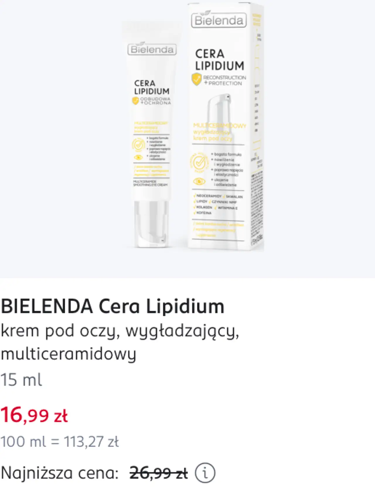 BIELENDA Cera Lipidium krem pod oczy, wygładzający, multiceramidowy