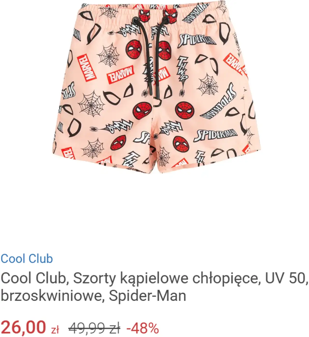 Cool Club, Szorty kąpielowe chłopięce, UV 50, brzoskwiniowe, Spider-Man
