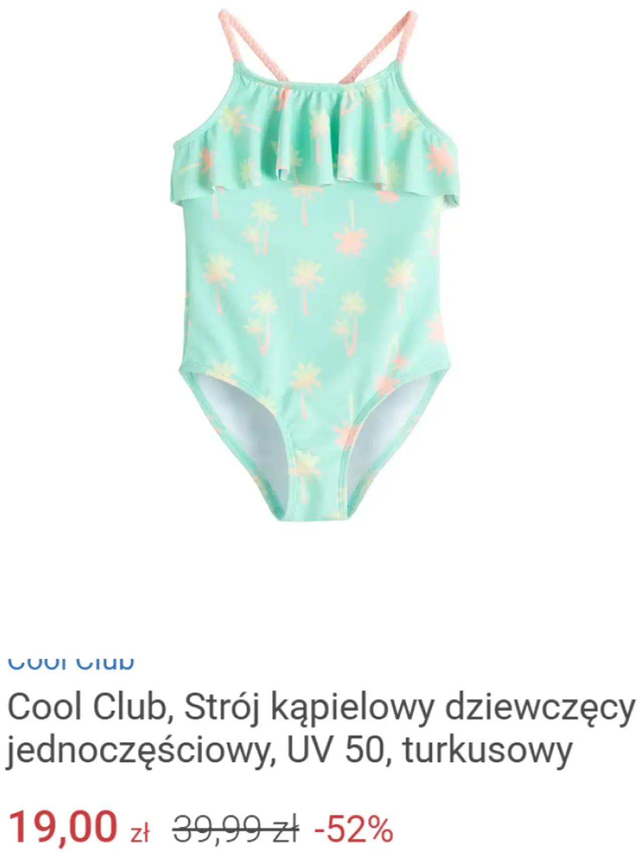 Cool Club, Strój kąpielowy dziewczęcy jednoczęściowy, UV 50, turkusowy