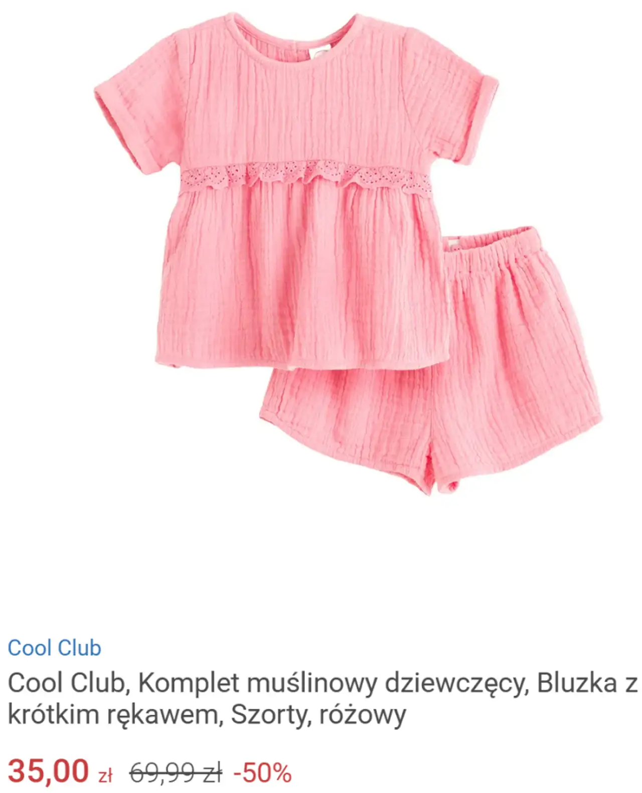 Cool Club, Komplet muślinowy dziewczęcy, Bluzka z krótkim rękawem, Szorty, różowy