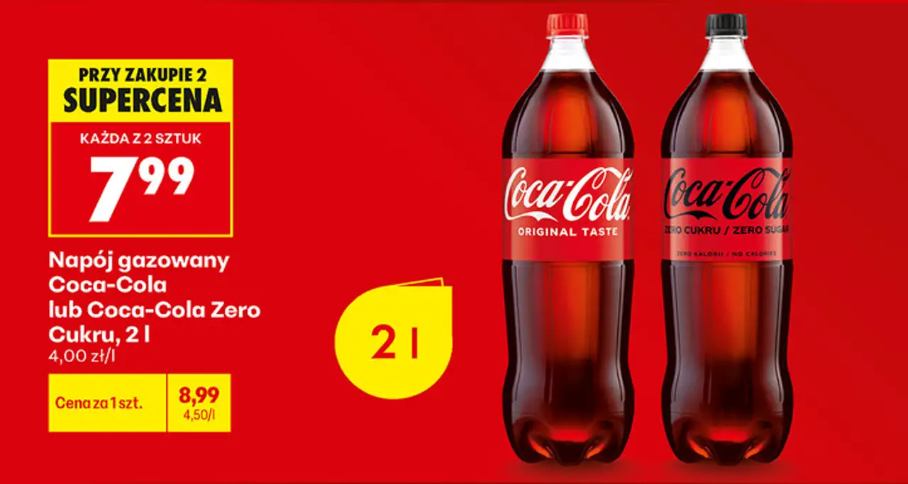 Napój gazowany Coca-Cola lub Coca-Cola Zero Cukru, 2 l