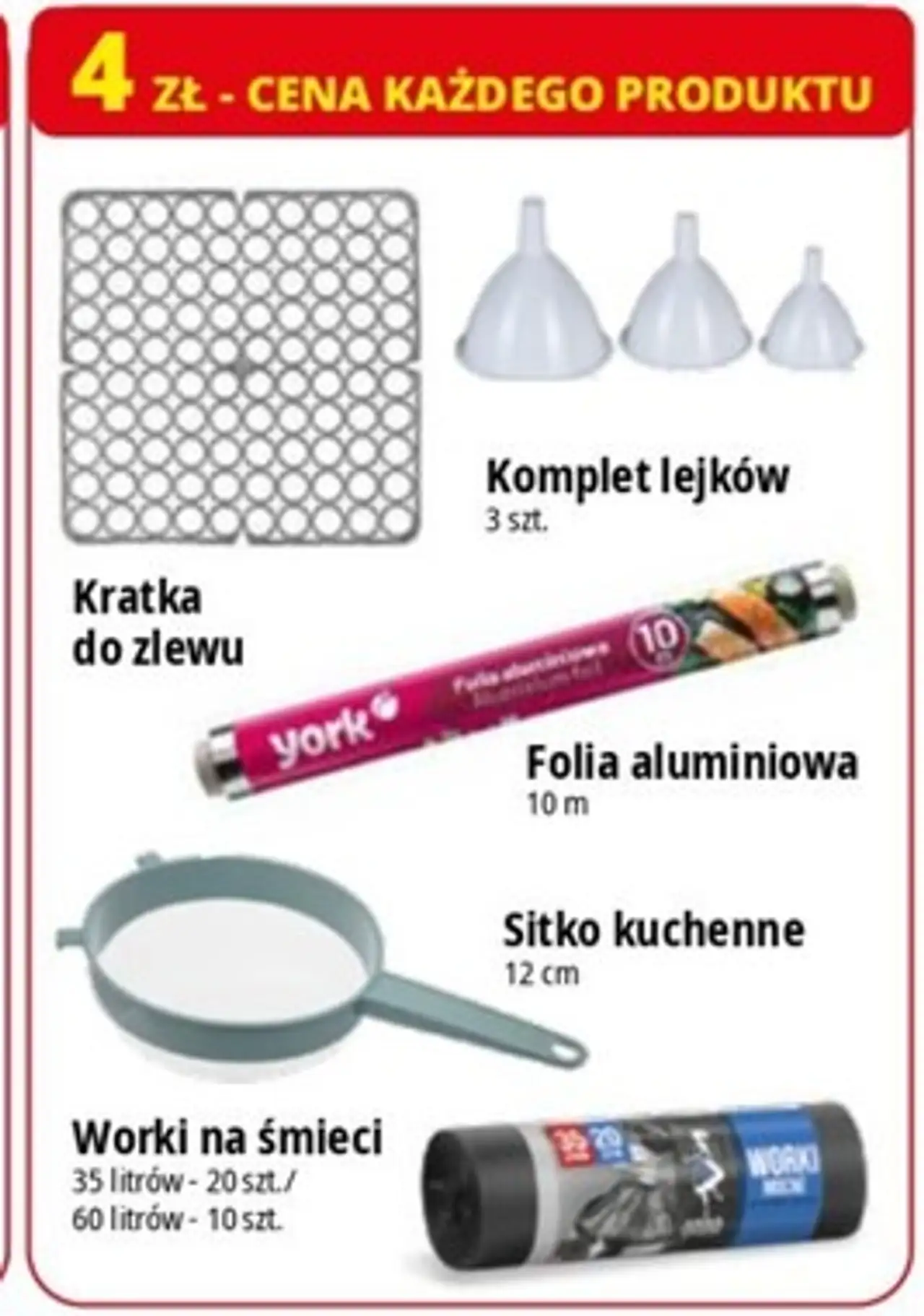 Akcesoria kuchenne (Kratka do zlewu, Komplet lejków, Folia aluminiowa, Sitko kuchenne, Worki na śmieci)