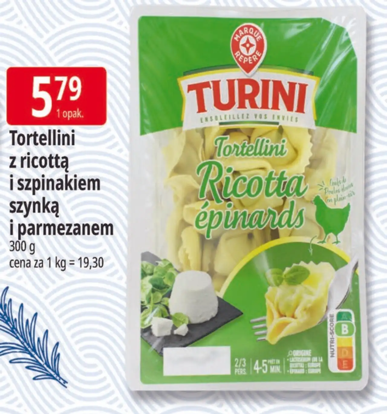 Tortellini z ricottą i szpinakiem z szynką i parmezanem Turini