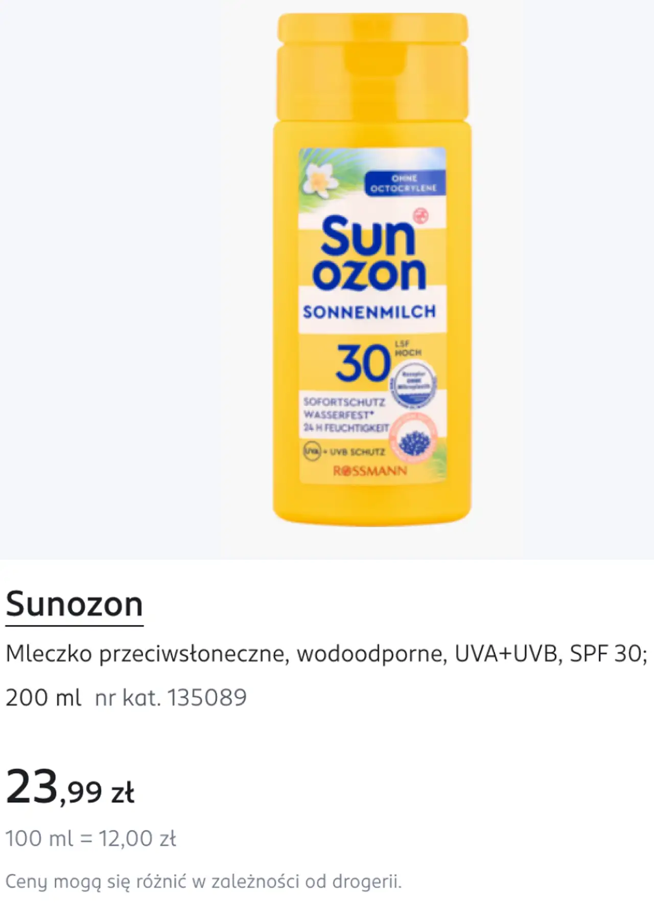 Sunozon Mleczko przeciwsłoneczne, wodoodporne, UVA+UVB, SPF 30