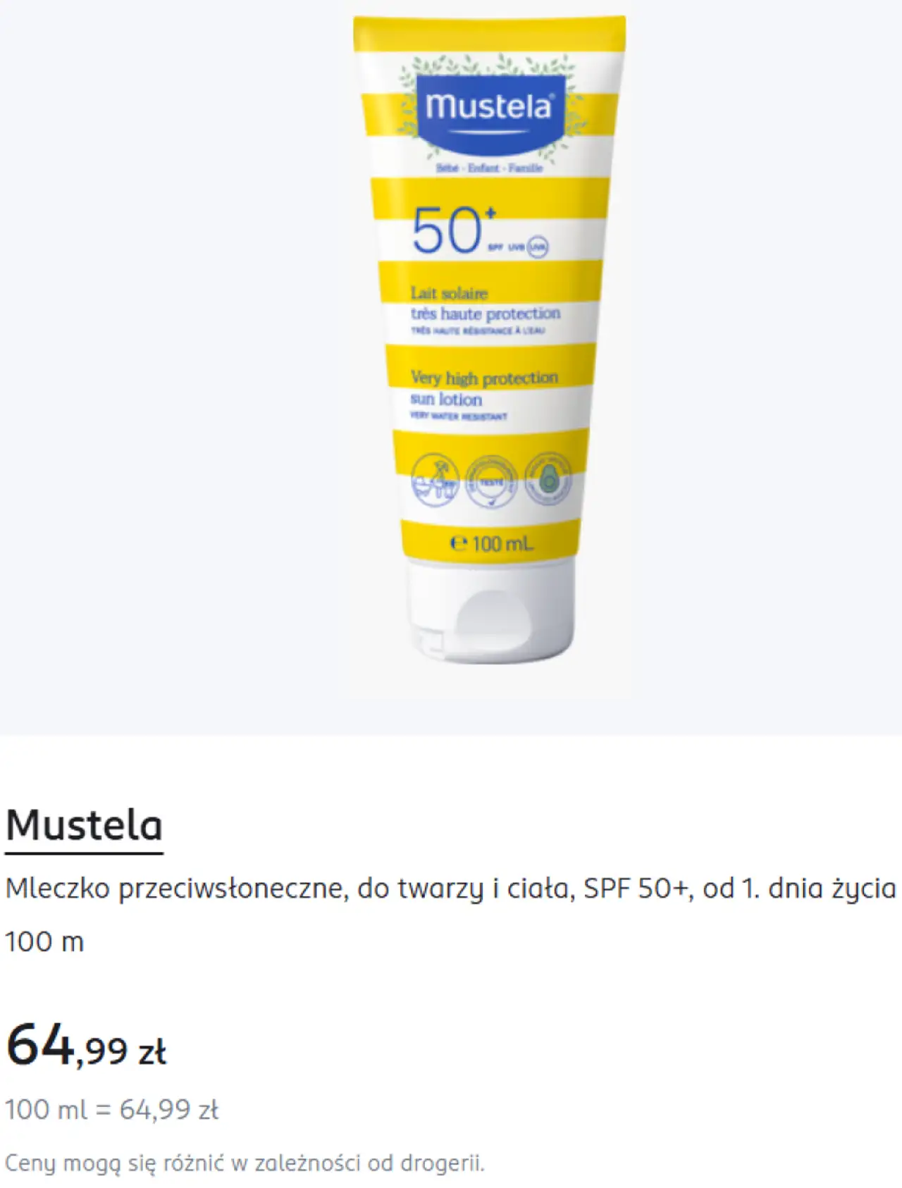 Mustela Mleczko przeciwsłoneczne, do twarzy i ciała, SPF 50+, od 1. dnia życia