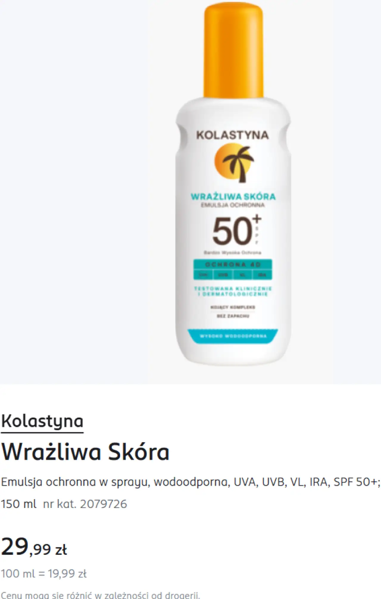 Kolastyna Wrażliwa Skóra Emulsja ochronna w sprayu, wodoodporna, UVA, UVB, VL, IRA, SPF 50+