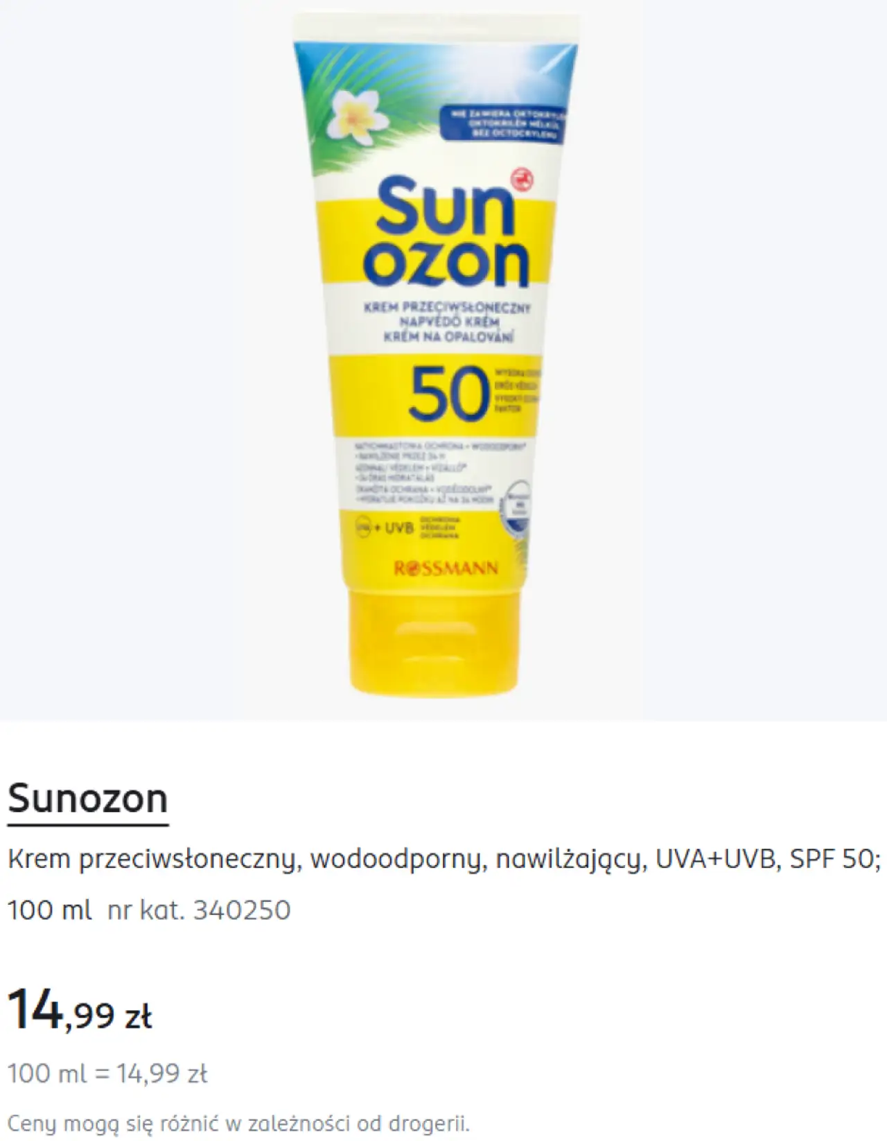 Sunozon Krem przeciwsłoneczny, wodoodporny, nawilżający, UVA+UVB, SPF 50