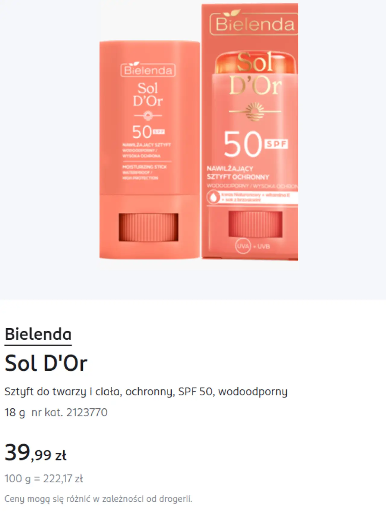 Bielenda Sol D'Or Sztyft do twarzy i ciała, ochronny, SPF 50, wodoodporny