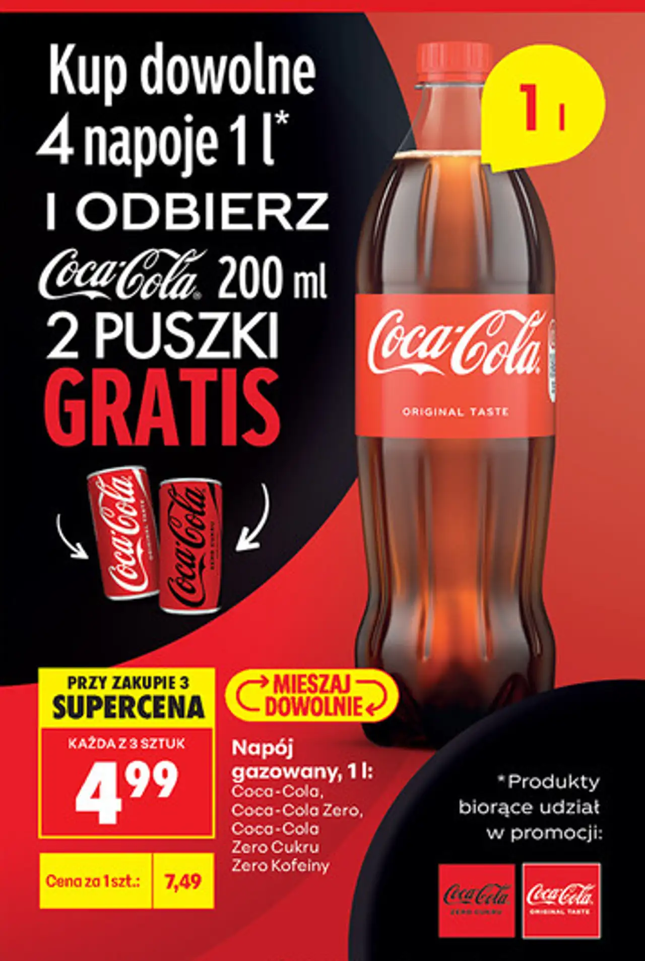 Napój gazowany Coca-Cola, Coca-Cola Zero, Coca-Cola Zero Cukru Zero Kofeiny, 1 l