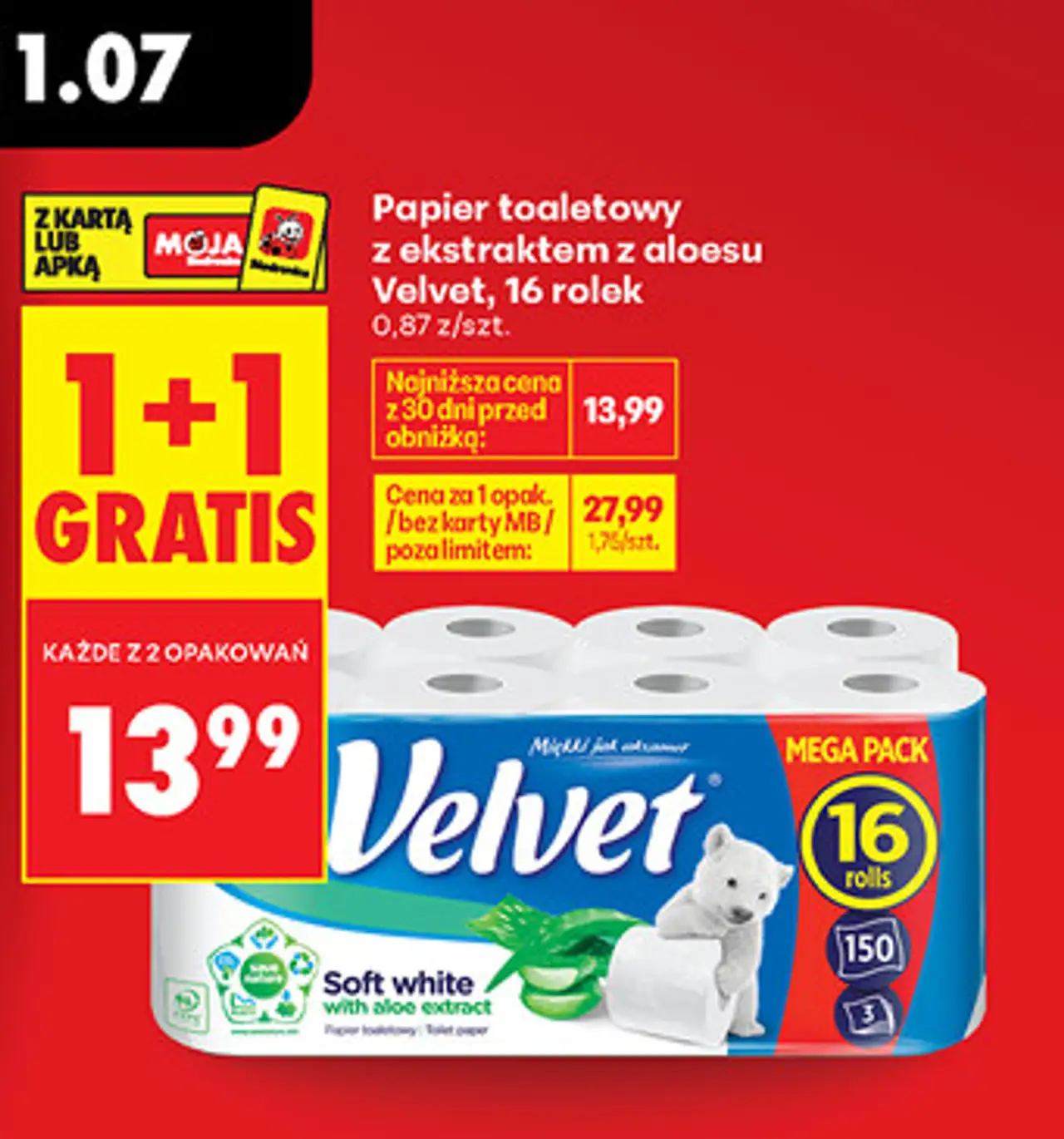 Papier toaletowy z ekstraktem z aloesu Velvet, 16 rolek