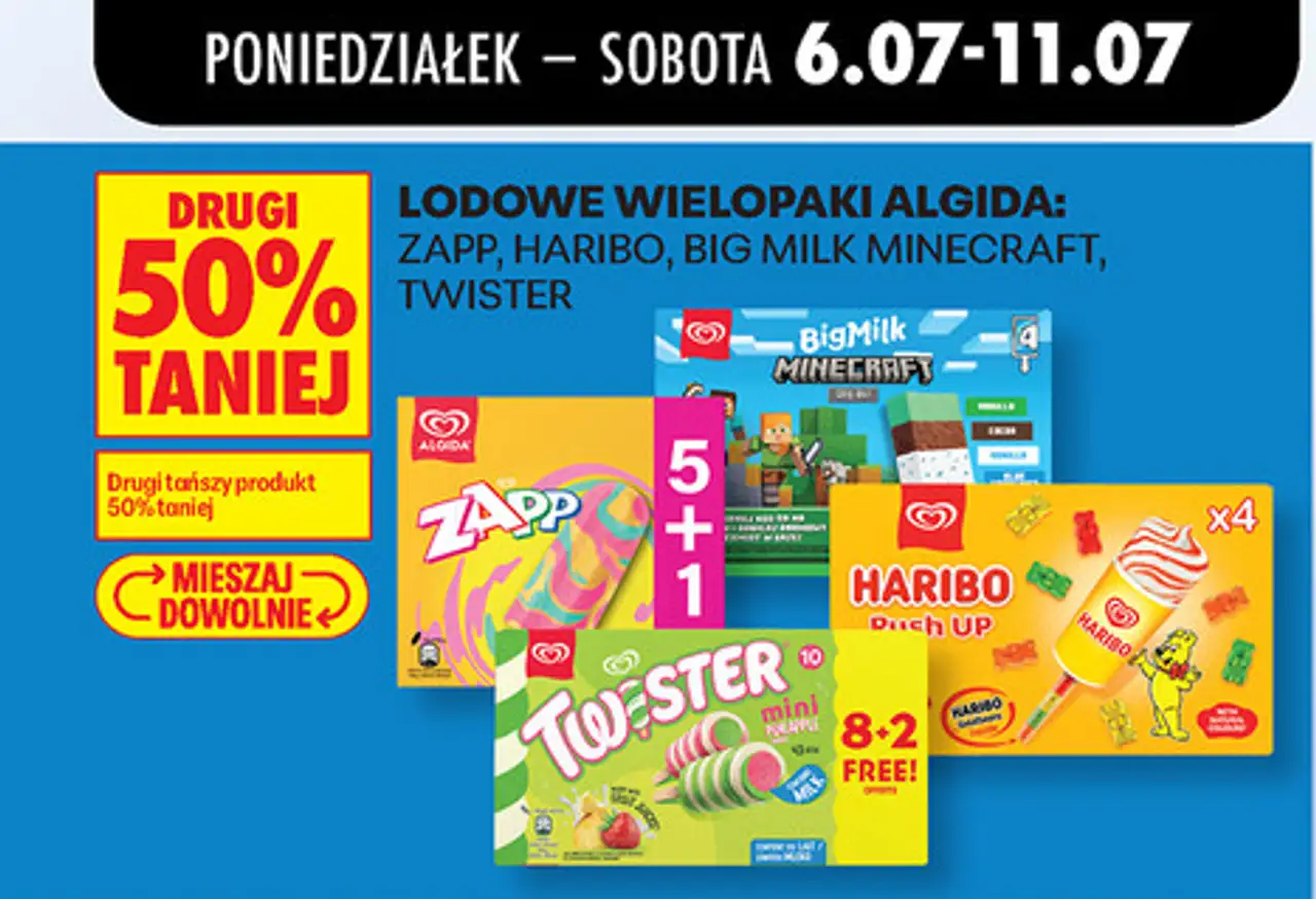 Lodowe wielopaki Algida: Zapp, Haribo, Big Milk Minecraft, Twister
