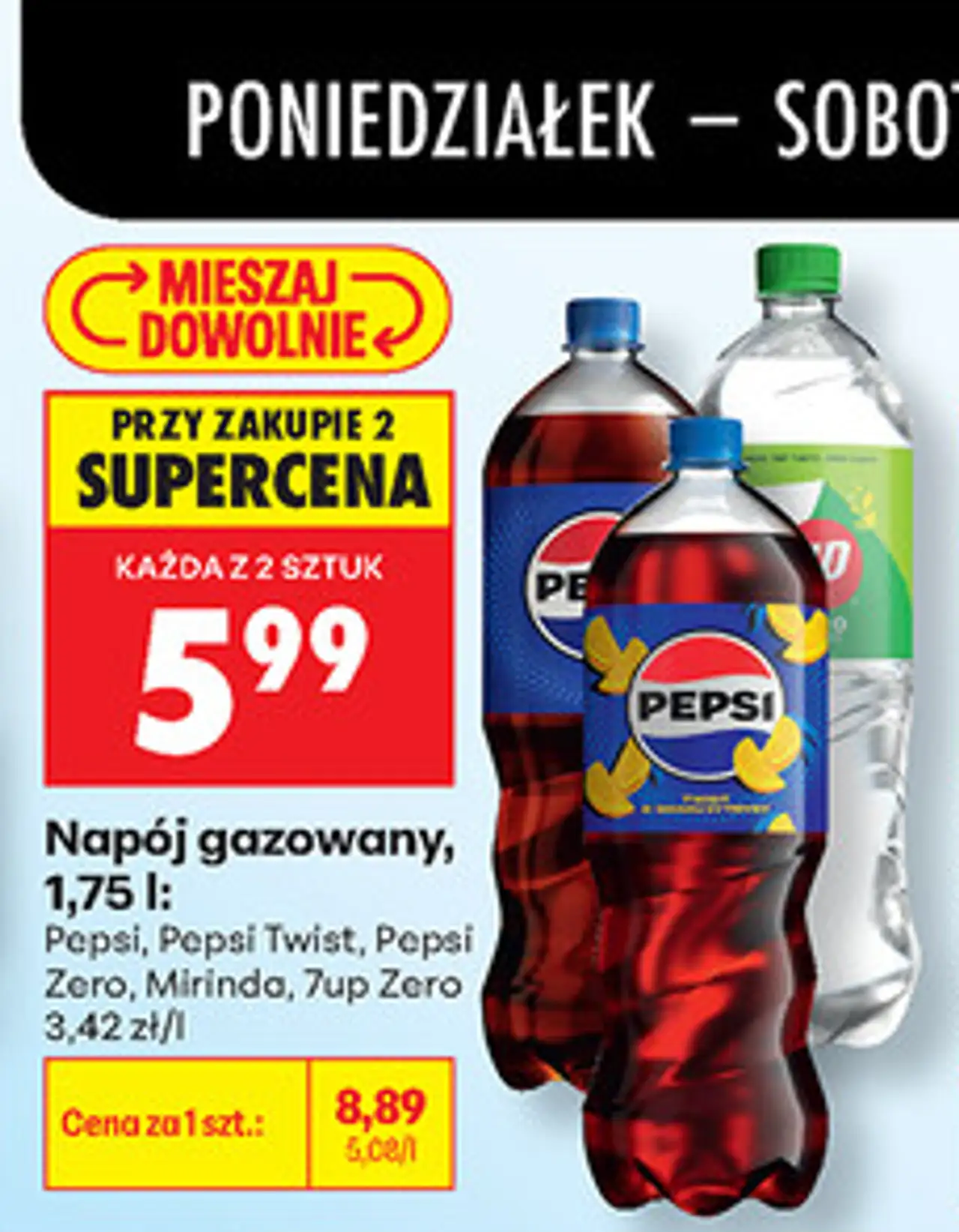 Napój gazowany Pepsi, Pepsi Twist, Pepsi Zero, Mirinda, 7up Zero, 1,75 l