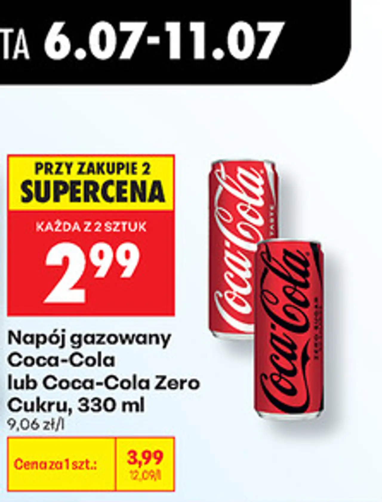 Napój gazowany Coca-Cola lub Coca-Cola Zero Cukru, 330 ml