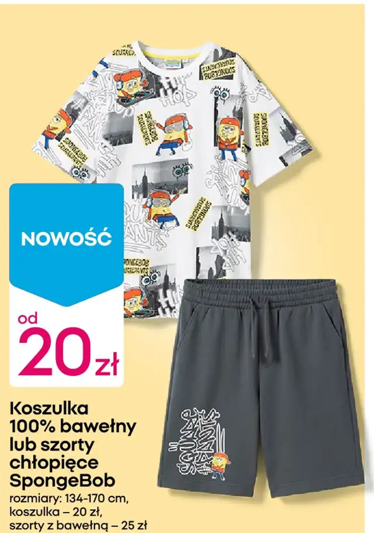 Koszulka 100% bawełny lub szorty chłopięce SpongeBob