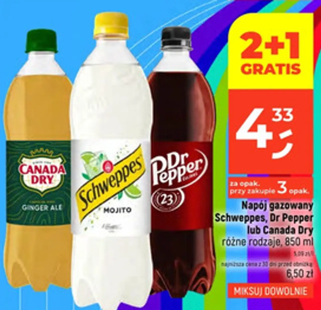 Napój gazowany Schweppes, Dr Pepper lub Canada Dry różne rodzaje, 850 ml