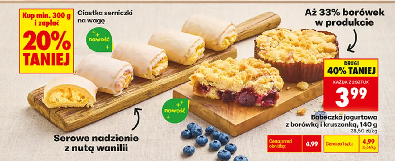 Ciastka serniczki na wagę, Babeczka jogurtowa z borówką i kruszonką, 140 g