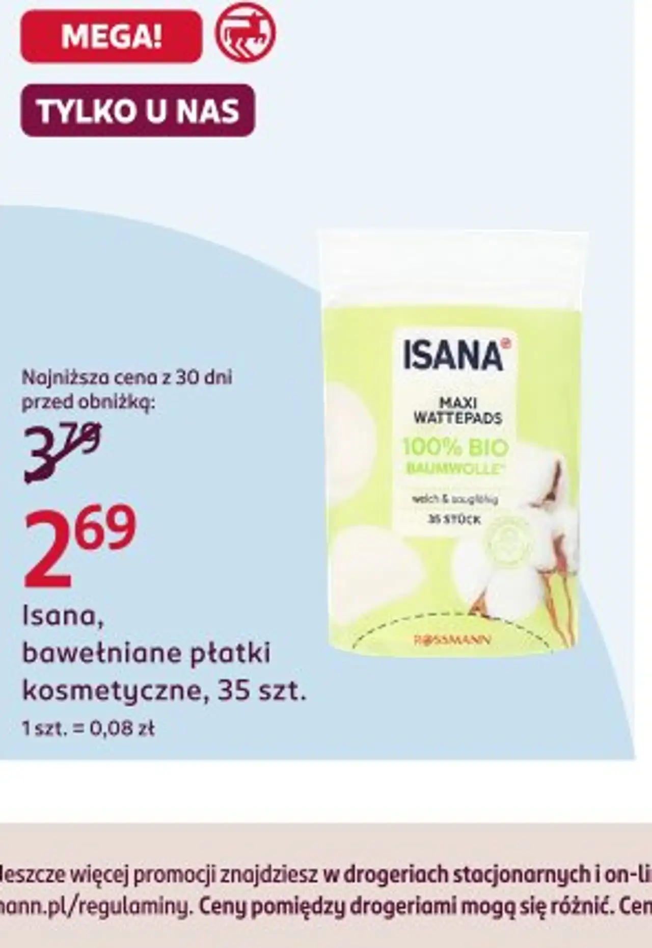 Isana, bawełniane płatki kosmetyczne, 35 szt.
