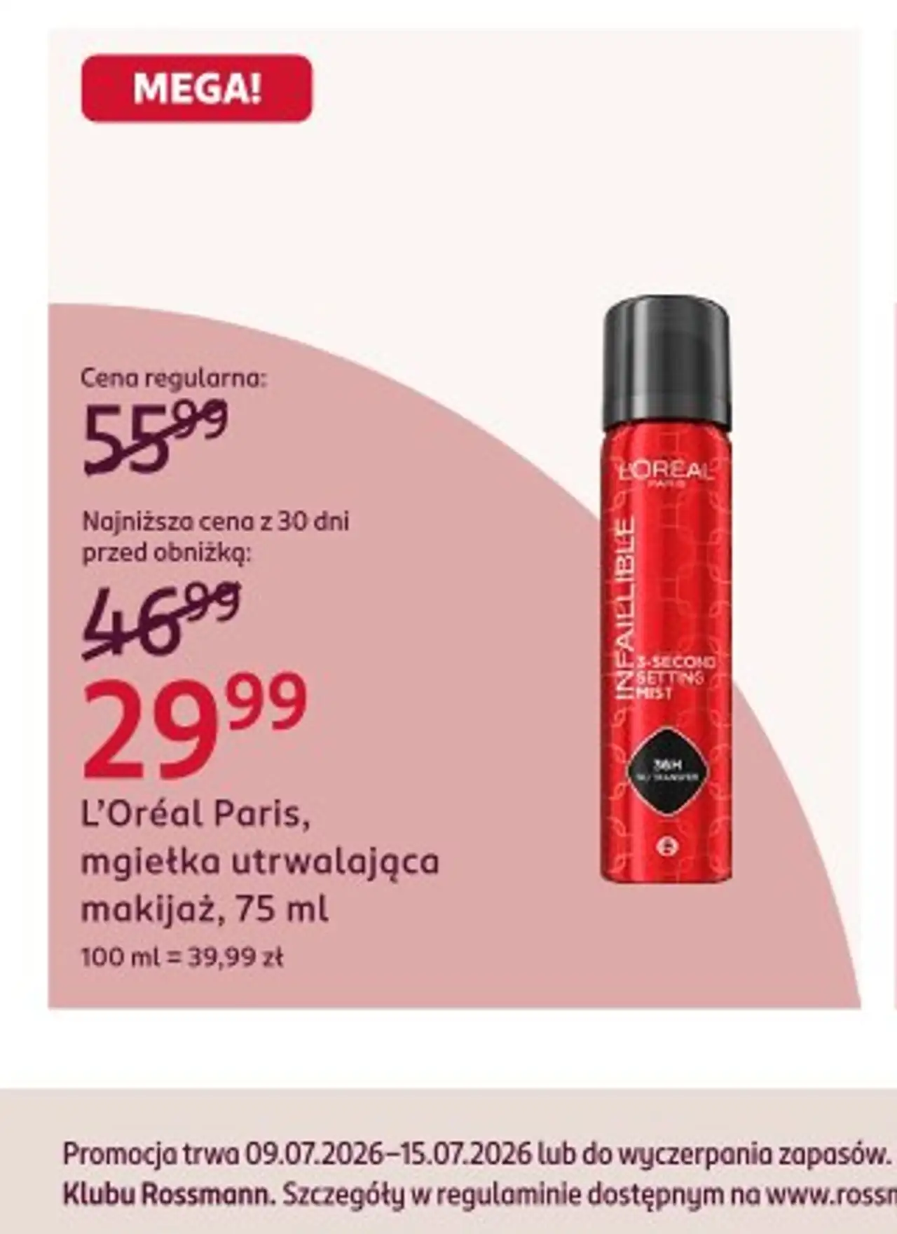 L'Oréal Paris, mgiełka utrwalająca makijaż, 75 ml
