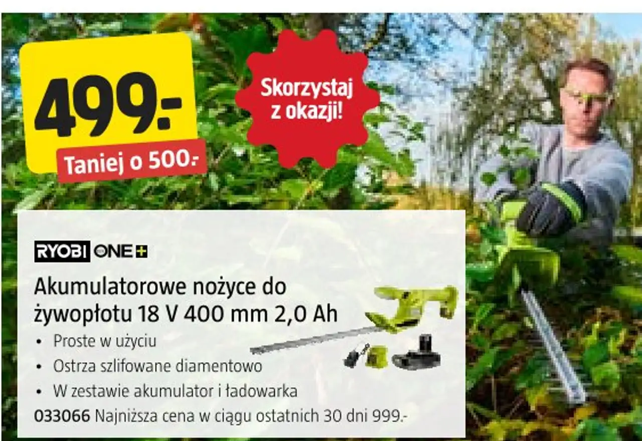 Ryobi Akumulatorowe nożyce do żywopłotu 18 V 400 mm 2,0 Ah