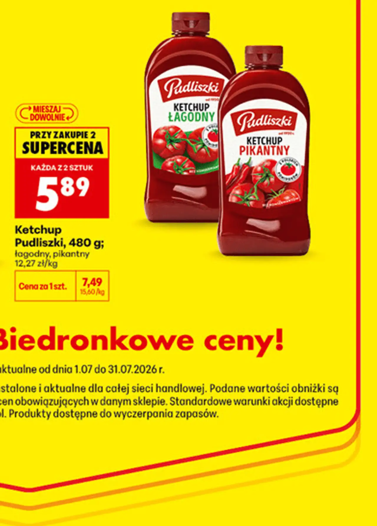 Ketchup Pudliszki, 480 g; łagodny, pikantny
