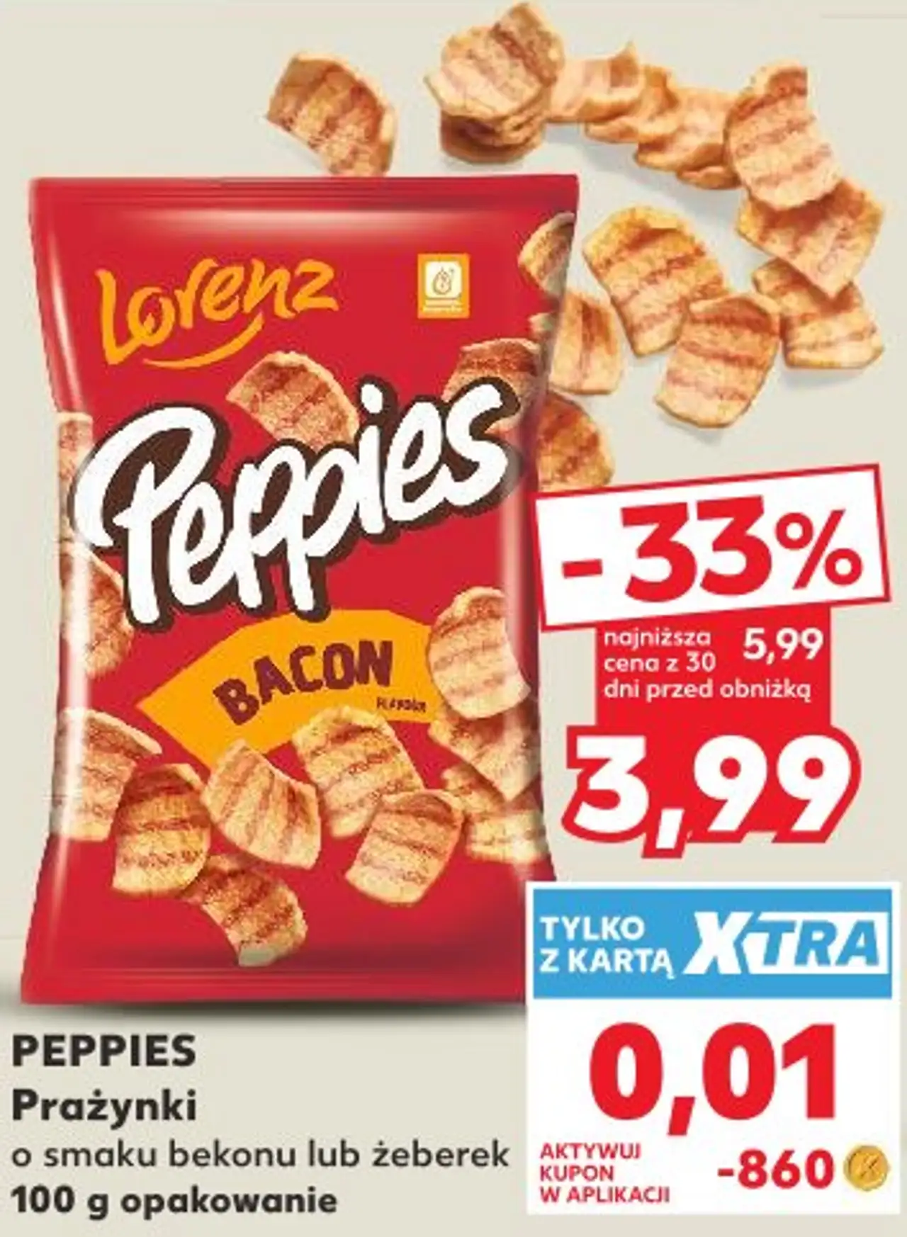 PEPPIES Prażynki o smaku bekonu lub żeberek 100 g opakowanie
