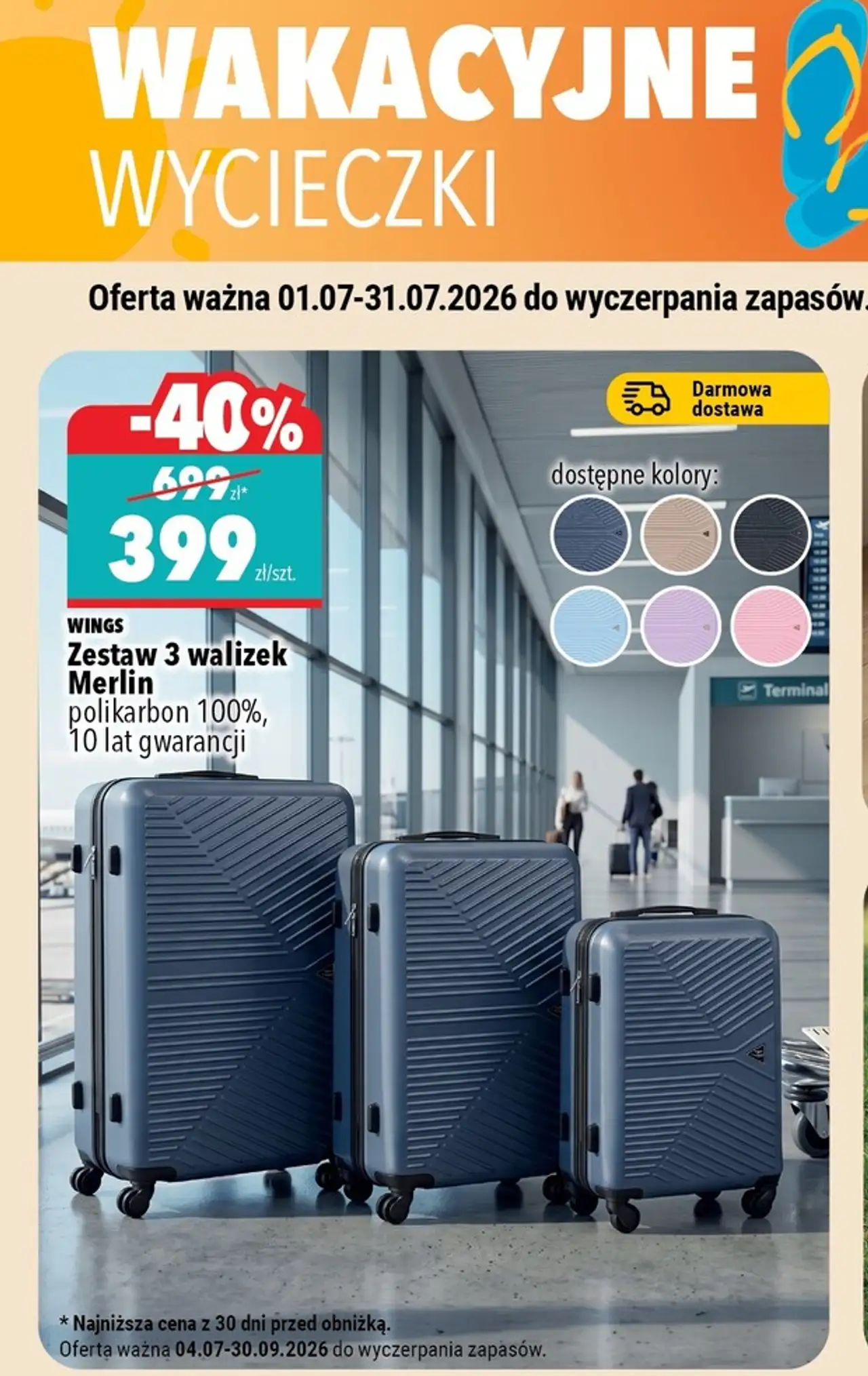 WINGS Zestaw 3 walizek Merlin polikarbon 100%, 10 lat gwarancji