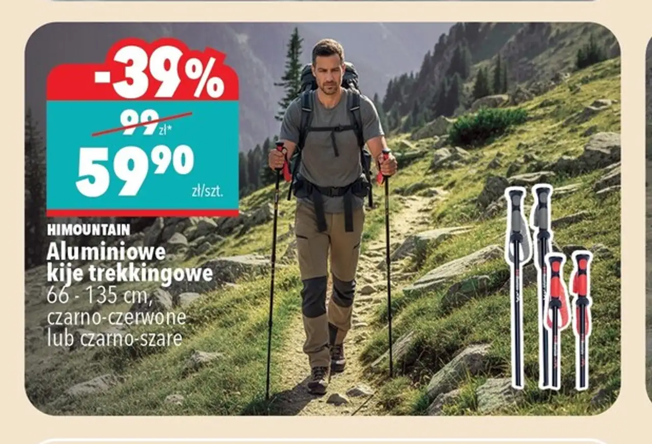 HIMOUNTAIN Aluminiowe kije trekkingowe 66-135 cm, czarno-czerwone lub czarno-szare