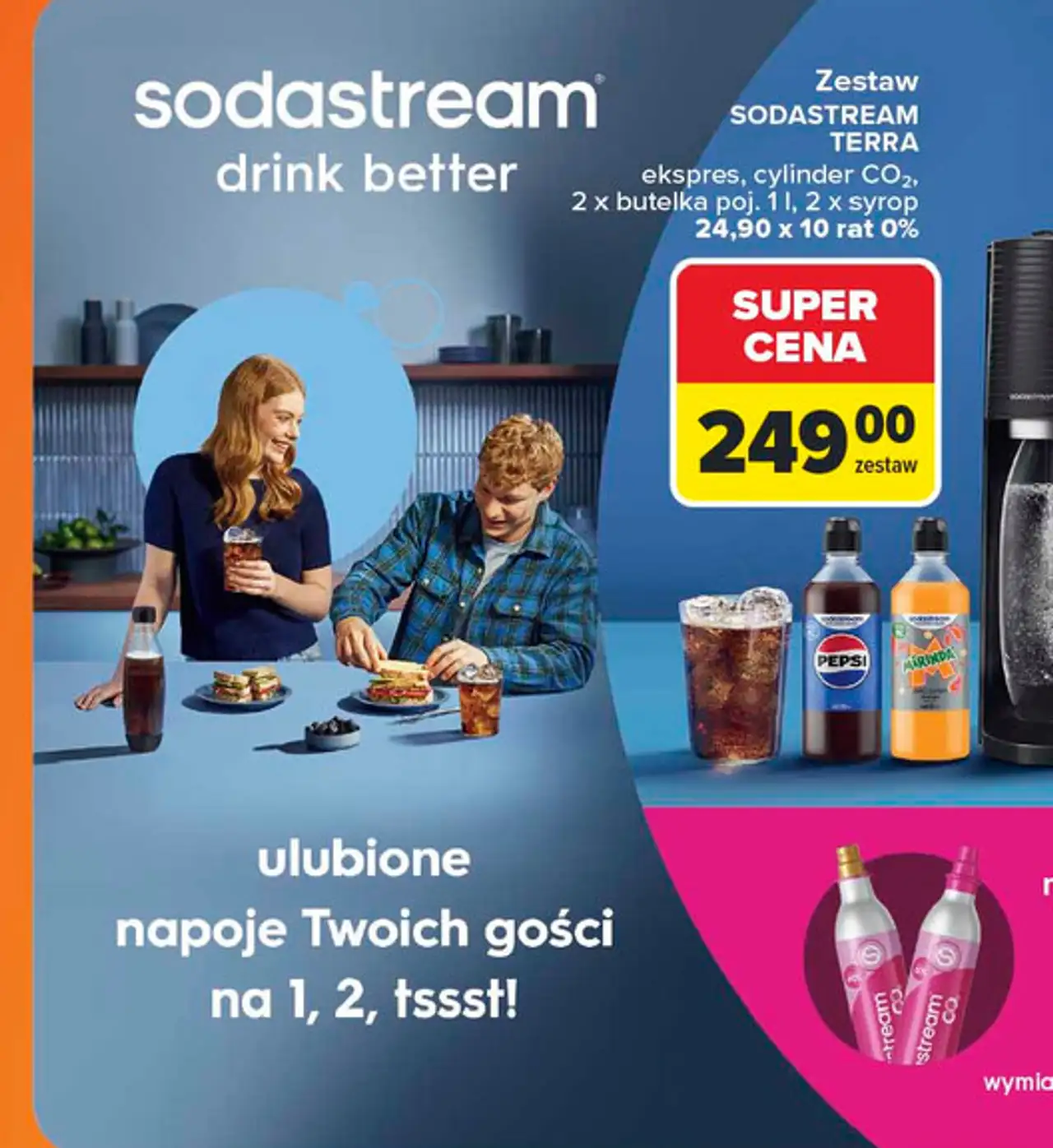 Zestaw SODASTREAM TERRA ekspres, cylinder CO2, 2 x butelka poj. 1 l, 2 x syrop