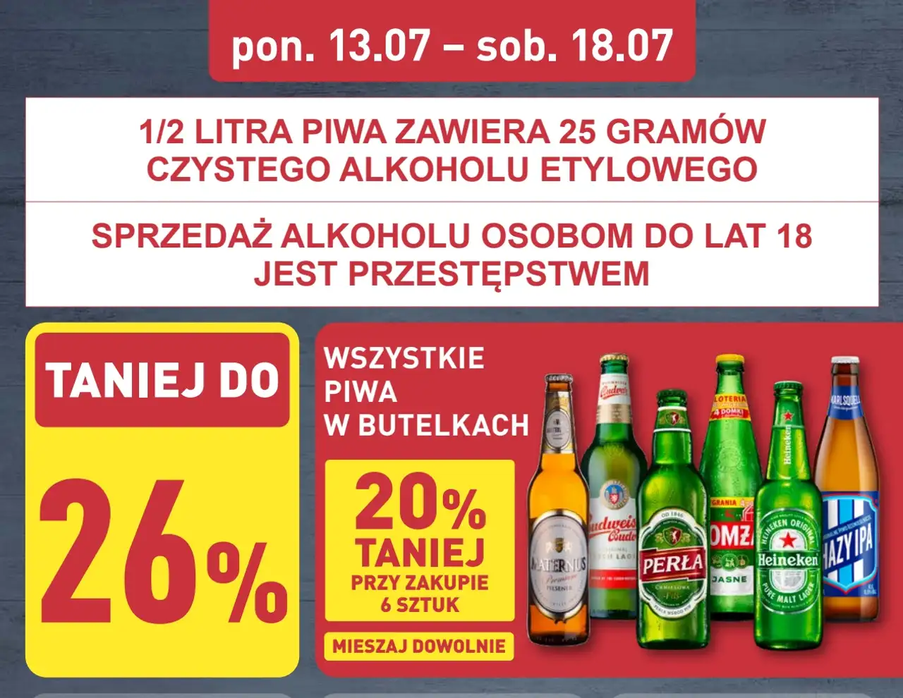 Wszystkie piwa w butelkach (Maternus, Budweiser, Perła, Łomża, Heineken, Karlsquell Hazy IPA)