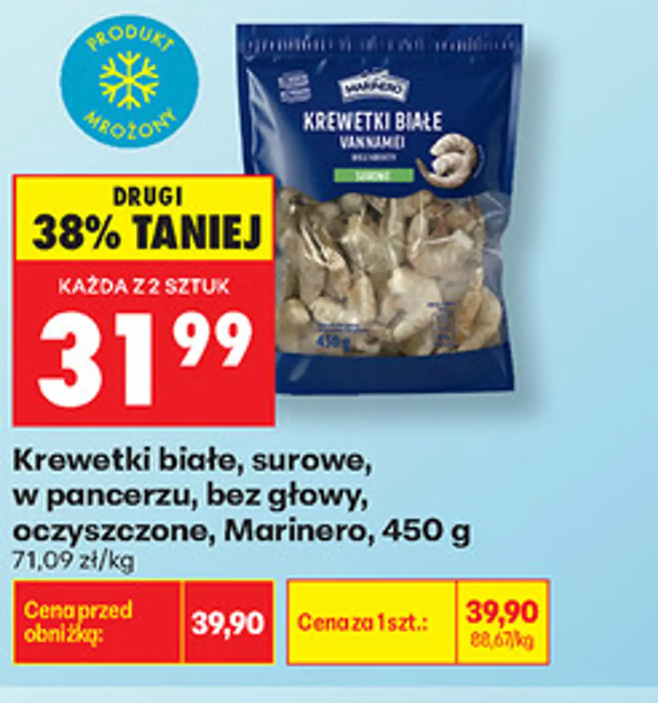 Krewetki białe, surowe, w pancerzu, bez głowy, oczyszczone, Marinero, 450 g