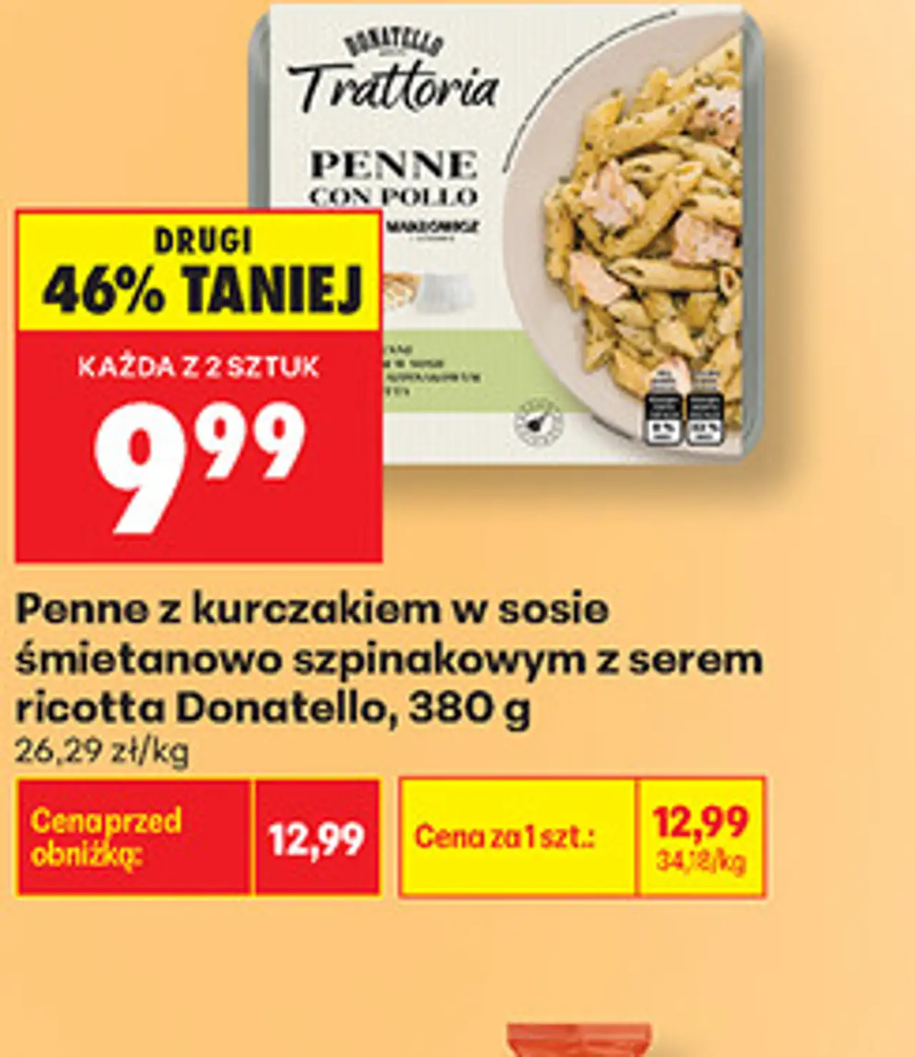 Penne z kurczakiem w sosie śmietanowo szpinakowym z serem ricotta Donatello, 380 g