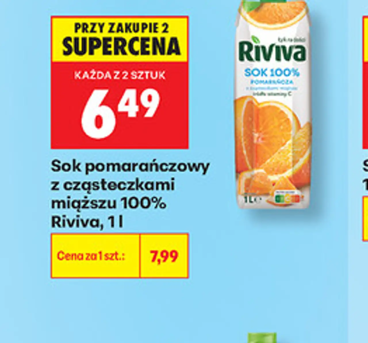 Sok pomarańczowy z cząsteczkami miąższu 100% Riviva, 1 l