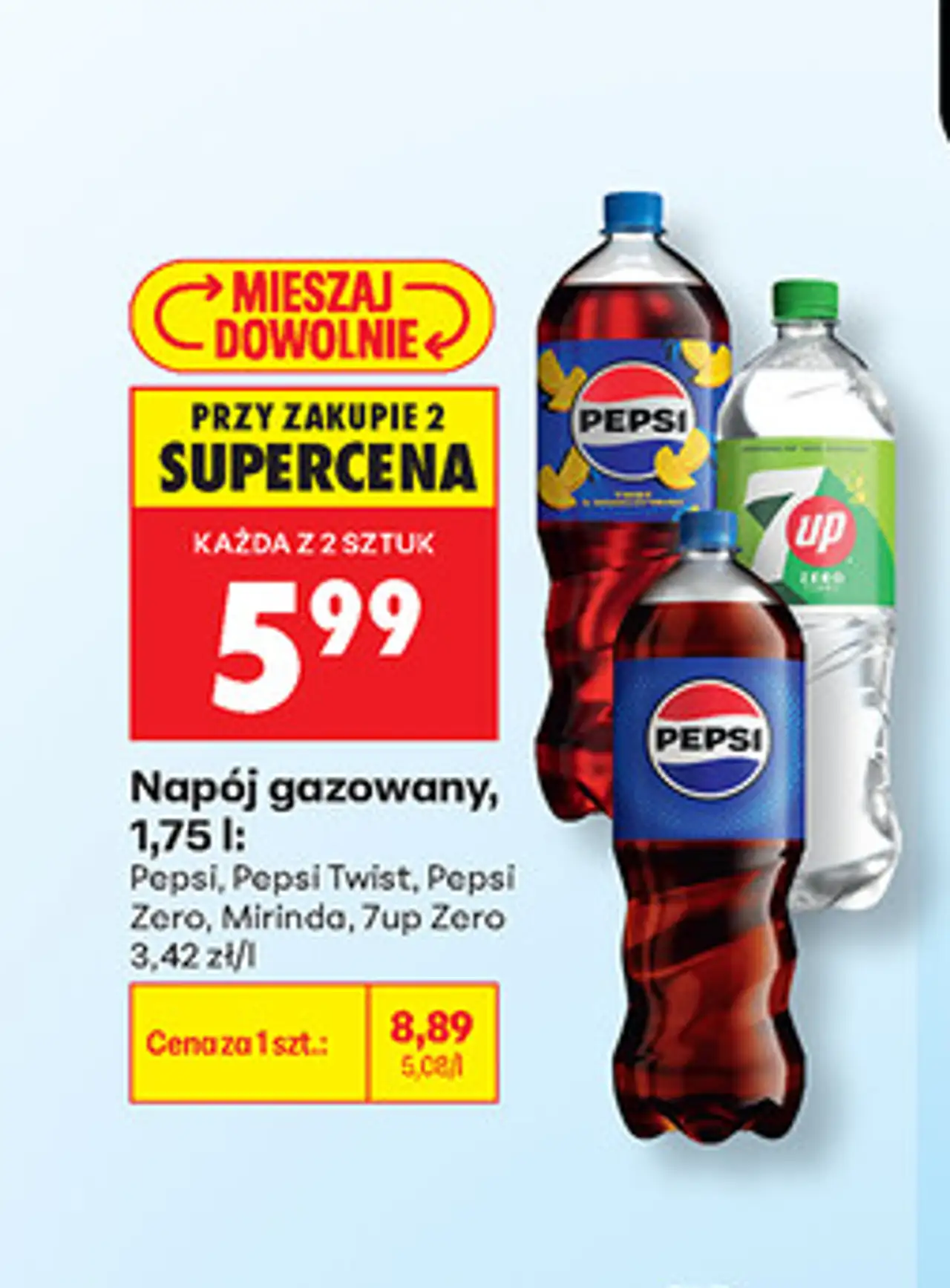 Napój gazowany, 1,75 l: Pepsi, Pepsi Twist, Pepsi Zero, Mirinda, 7up Zero