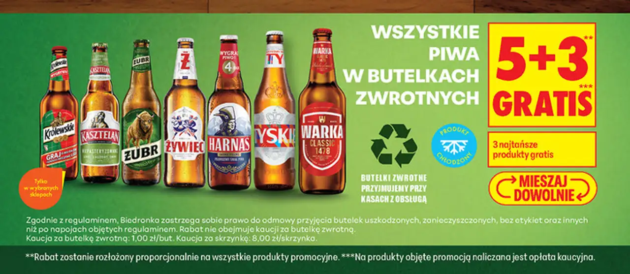 Wszystkie piwa w butelkach zwrotnych (Królewskie, Kasztelan, Żubr, Zywiec, Harnaś, Tyskie, Warka)