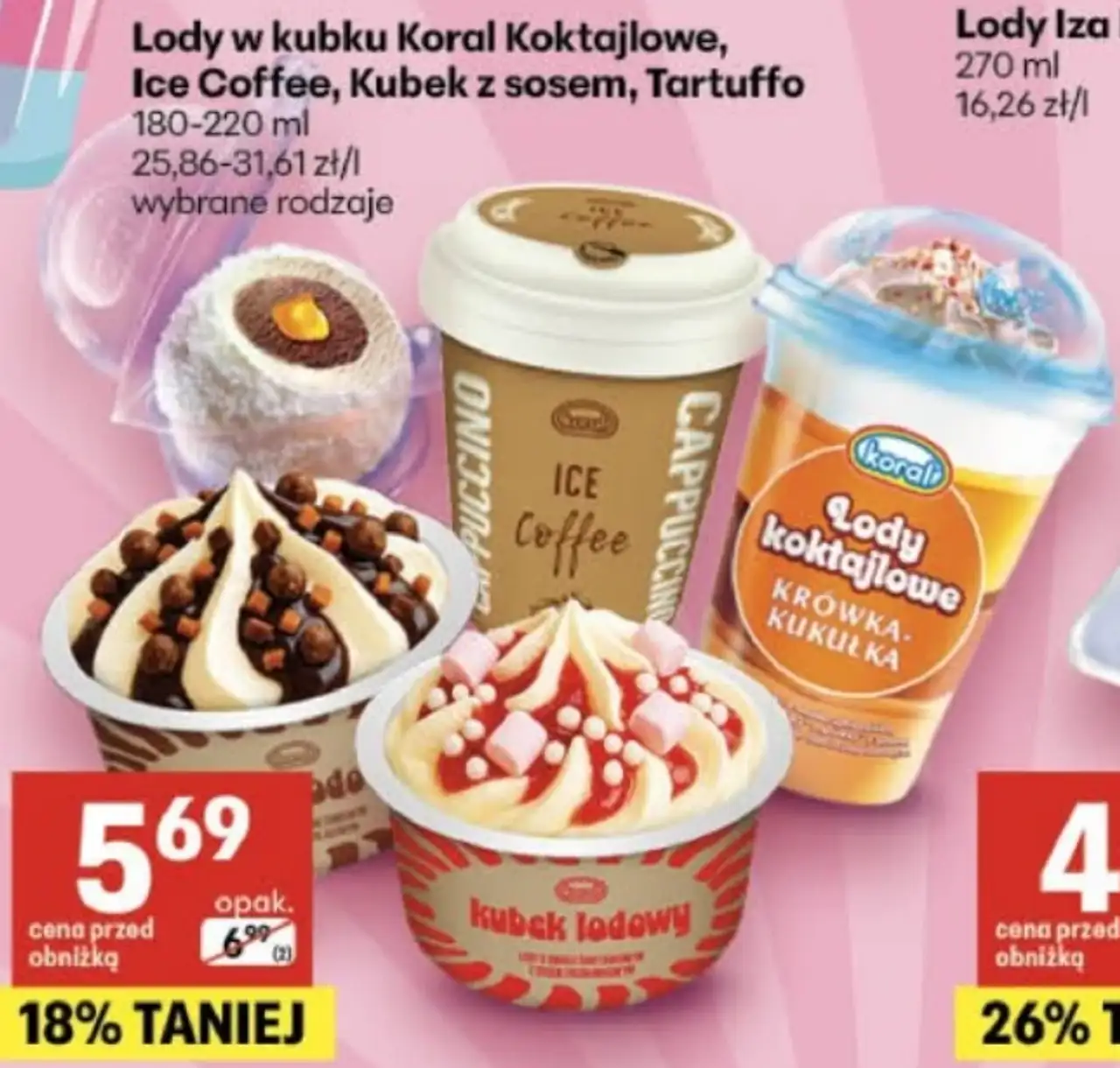Lody w kubku Koral Koktajlowe, Ice Coffee, Kubek z sosem, Tartuffo