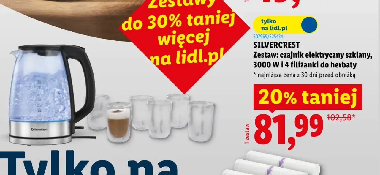 SILVERCREST Zestaw: czajnik elektryczny szklany, 3000 W i 4 filiżanki do herbaty