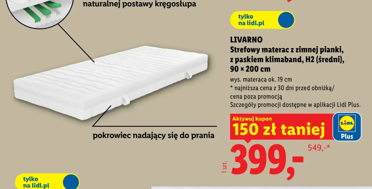 LIVARNO Strefowy materac z zimnej pianki, z paskiem klimaband, H2 (średni), 90 × 200 cm