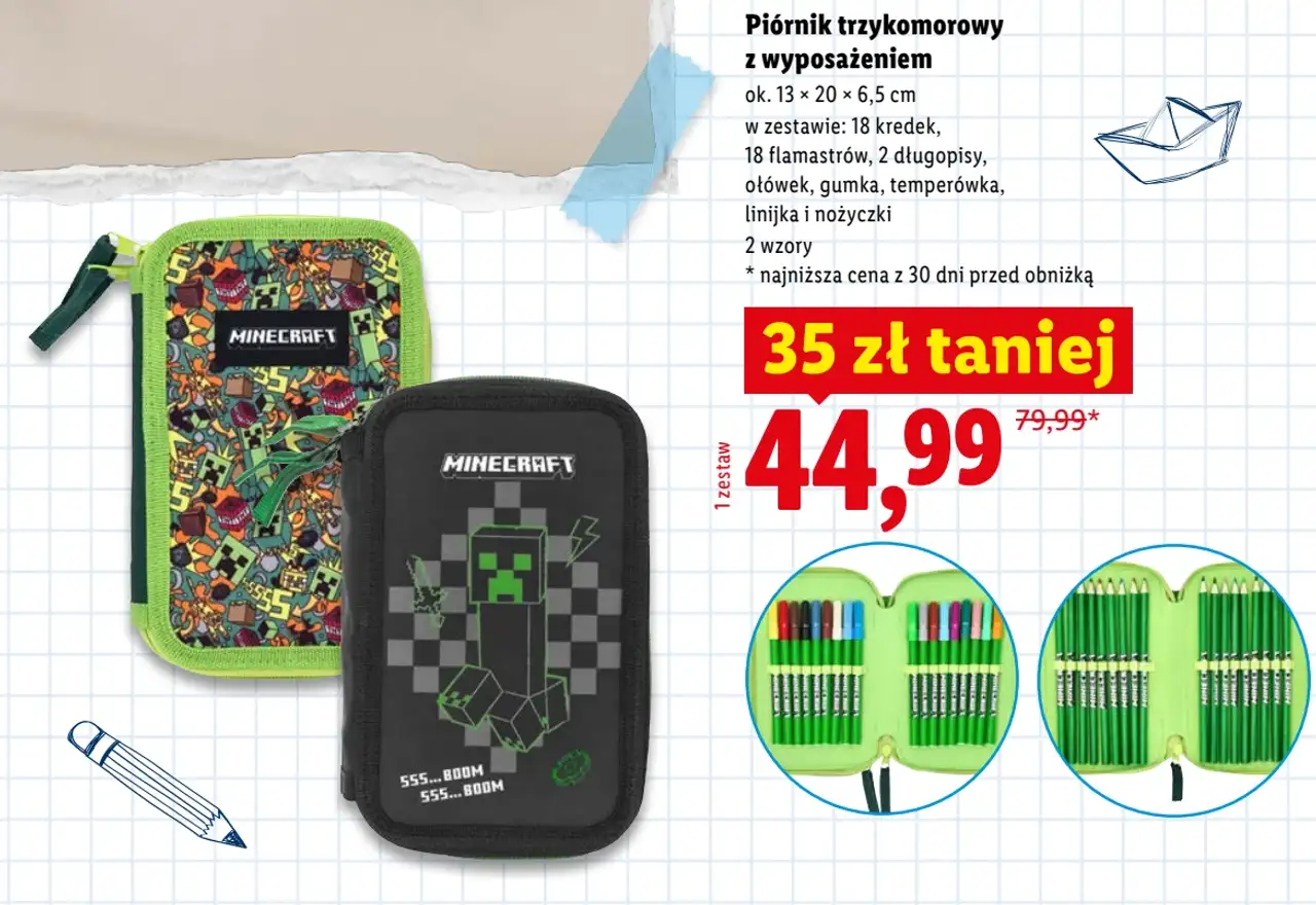Piórnik trzykomorowy z wyposażeniem