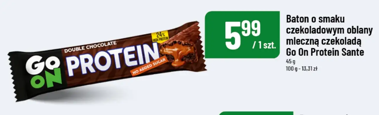 Baton o smaku czekoladowym oblany mleczną czekoladą Go On Protein Sante
