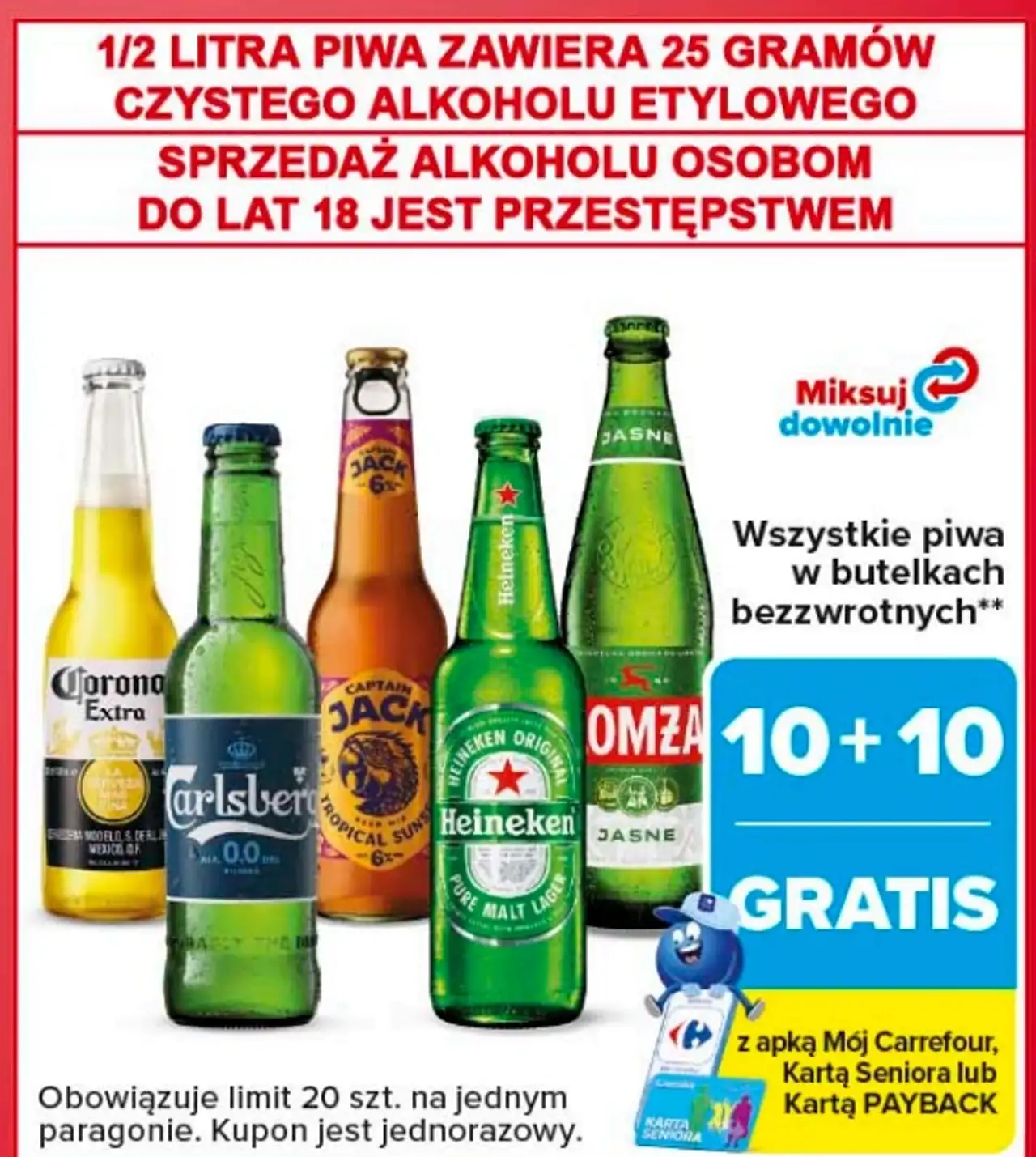 Piwa w butelkach bezzwrotnych (Heineken, Carlsberg, Corona Extra, Captain Jack, Łomża)