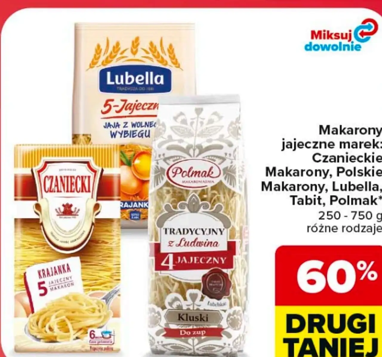 Makarony jajeczne marek: Czanieckie Makarony, Polskie Makarony, Lubella, Tabit, Polmak*