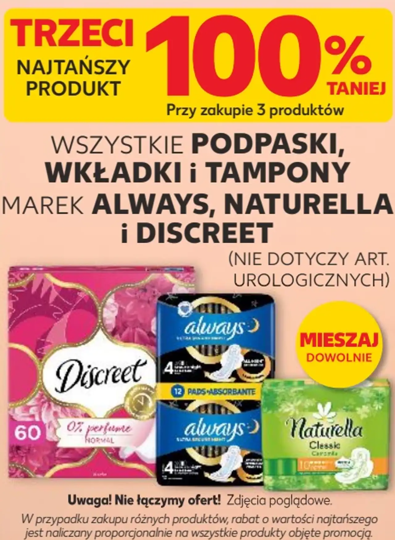 Wszystkie podpaski, wkładki i tampony marek Always, Naturella i Discreet