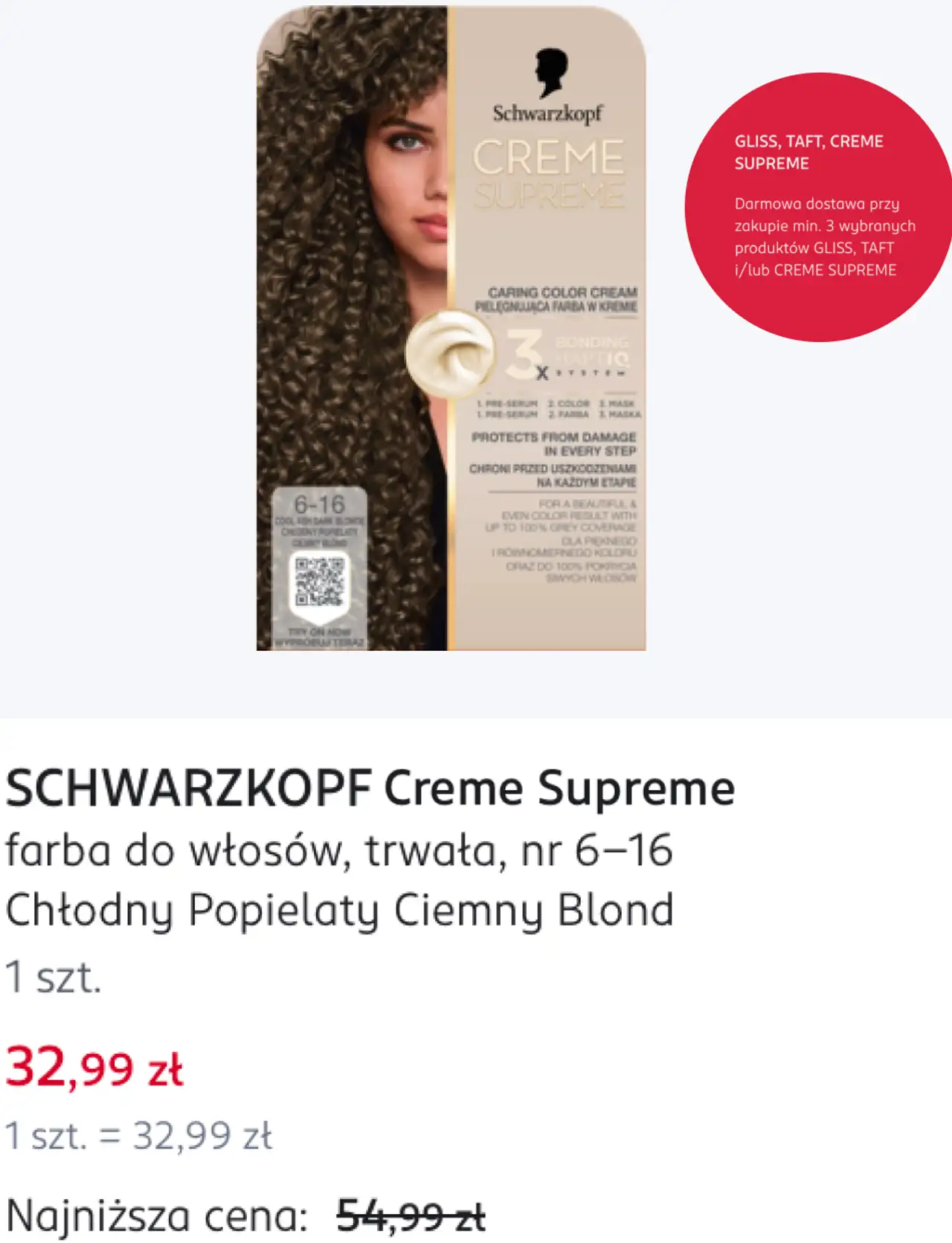 SCHWARZKOPF Creme Supreme farba do włosów, trwała, nr 6-16 Chłodny Popielaty Ciemny Blond