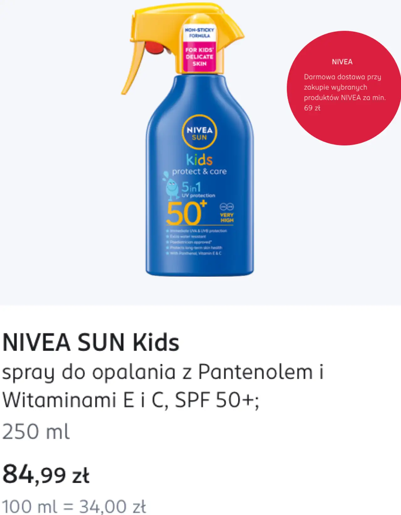 NIVEA SUN Kids spray do opalania z Pantenolem i Witaminami E i C, SPF 50+; 250 ml