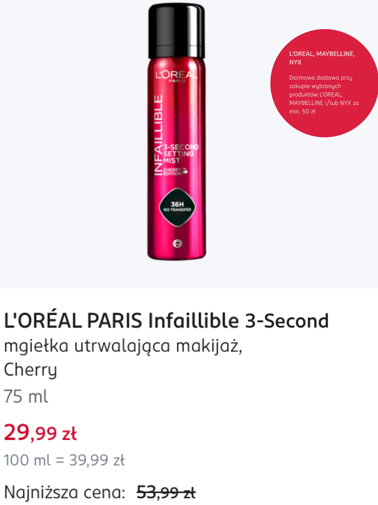L'ORÉAL PARIS Infaillible 3-Second mgiełka utrwalająca makijaż, Cherry
