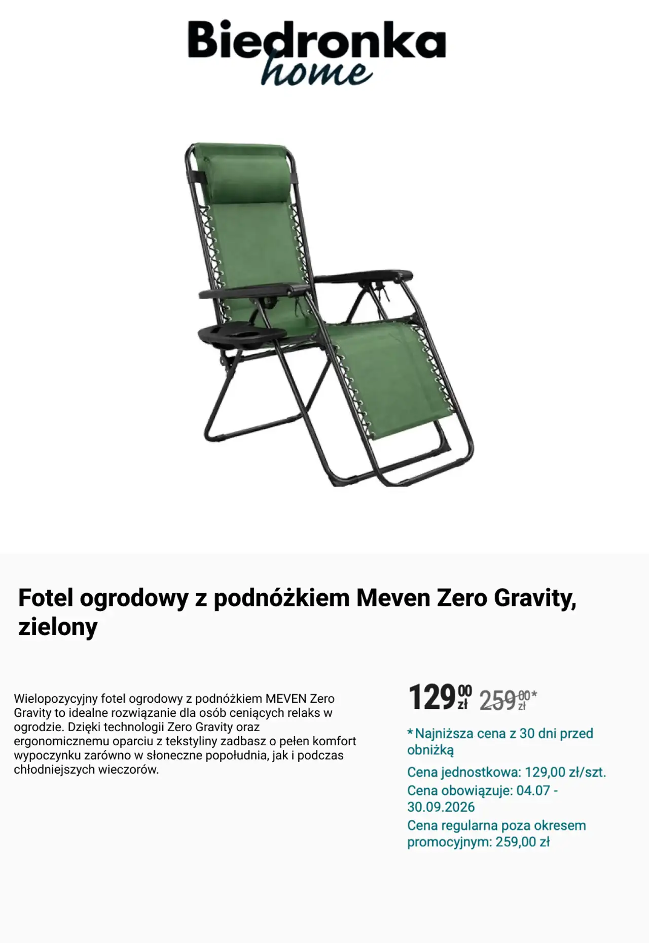 Fotel ogrodowy z podnóżkiem Meven Zero Gravity, zielony