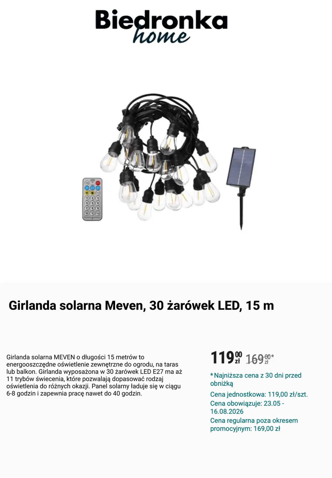 Girlanda solarna Meven, 30 żarówek LED, 15 m